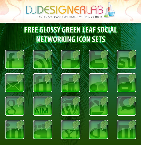 Free Glossy Green Leaf Social Networking Icon Set